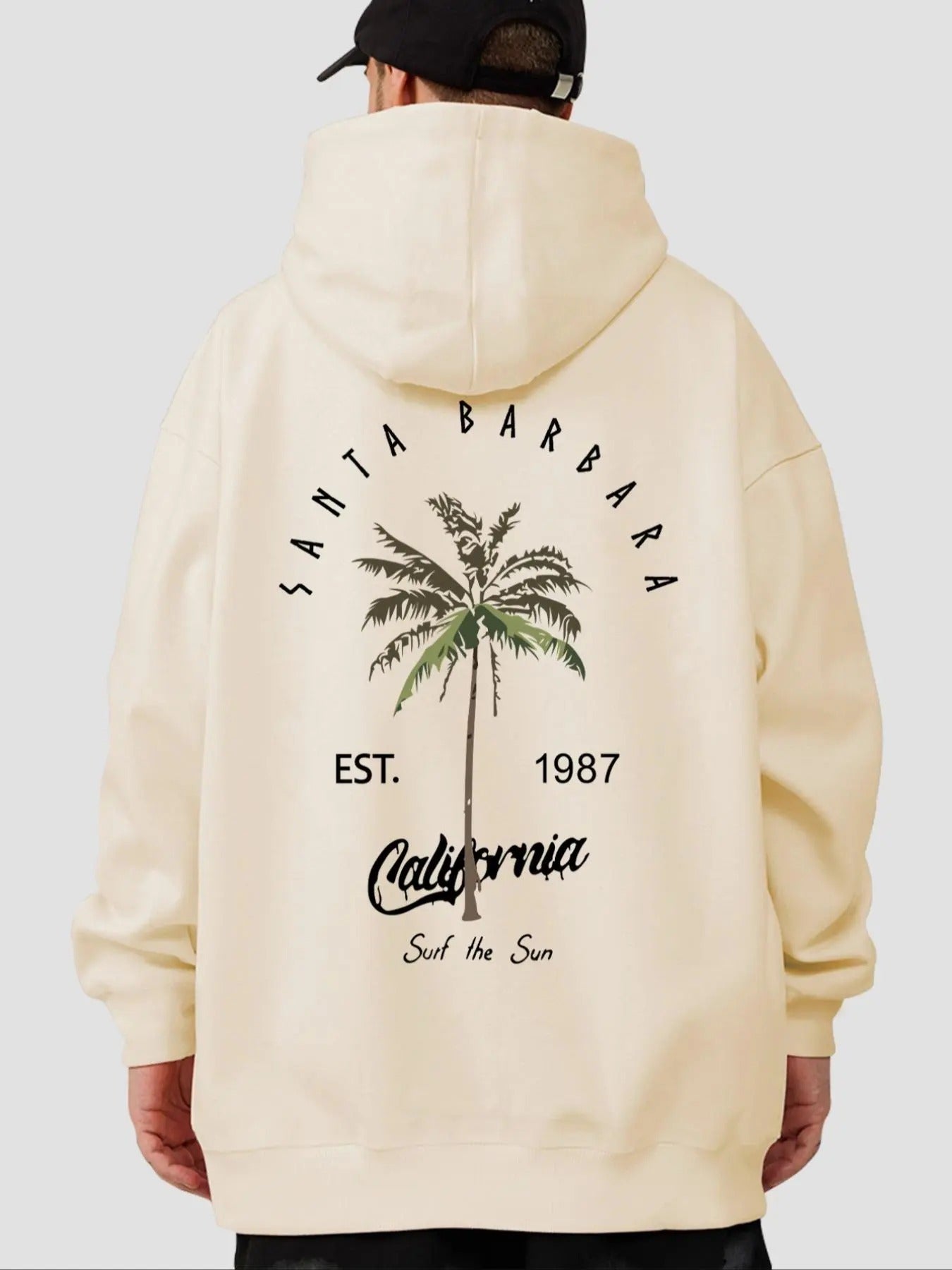 Men's Regular Fit Palm Tree & Letter Print Drop Shoulder Hoodie, Fashion Casual Drawstring Pocket Hooded Sweatshirt for...
