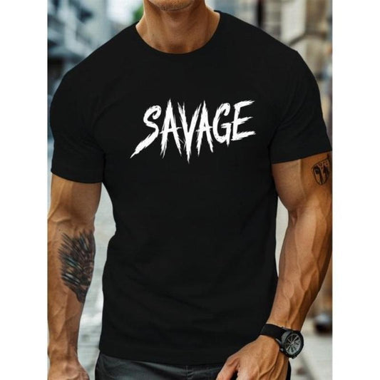 Men's Round Neck Short Sleeve Tee With Simple SAVAGE Word Print, Art Font Style, Trendy Basic Top For Daily And Outdoor Wear Made in USA