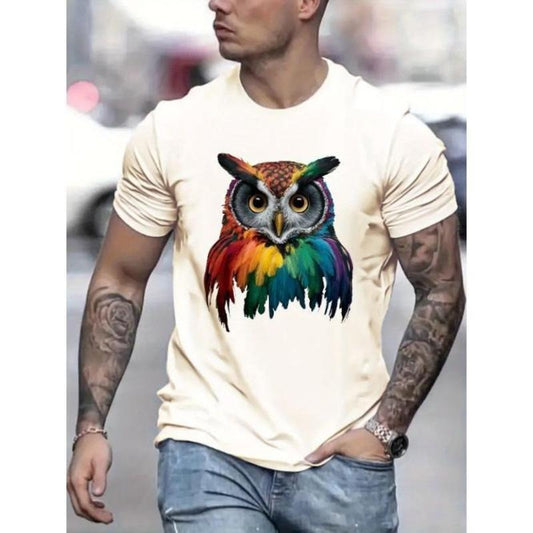 Men's Simple Style Owl Print Round Crew Neck Short Sleeve Tee, Casual Comfy Breathable Fashion Regular Fit T-Shirt for Spring Summer Holiday Leisure Vacation Made In USA