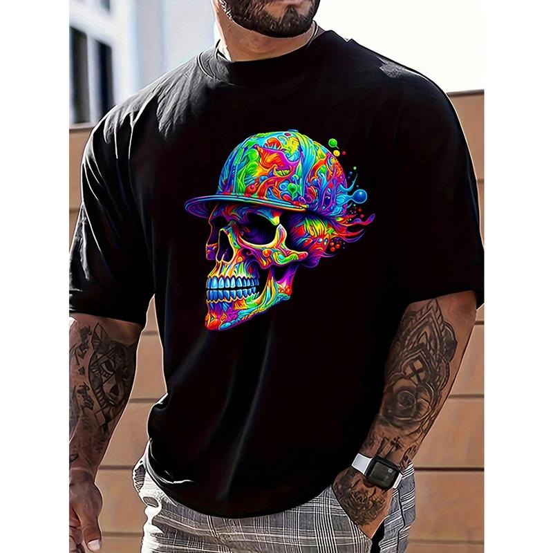 Men's Skull Print Round Neck Short Sleeve Casual T-Shirt, Summer Made in USA Hoodie, Sweatshirt | DripVista.com
