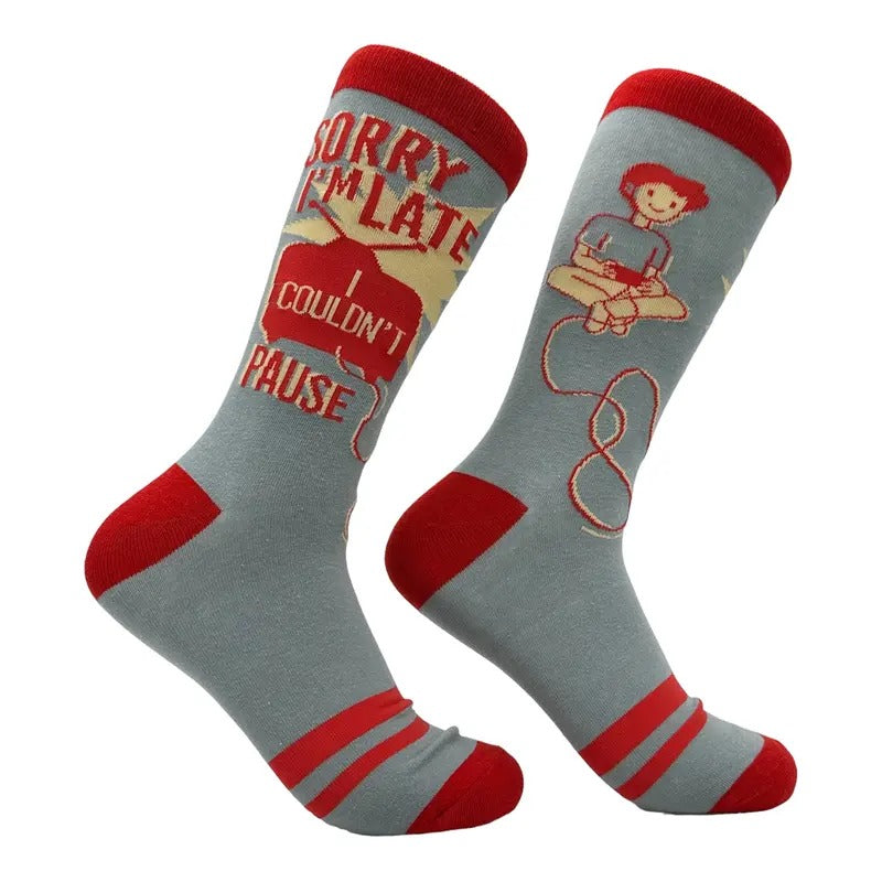 Men's Sorry Im Late I Couldnt Pause Socks Funny Sarcastic Gaming Graphic Footwear Funny Graphic Socks Comfortable Fitted...