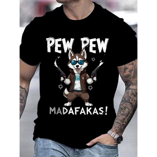Men's Sports T-Shirt with Husky Dog Cartoon & Pew Pew Meme, Crew Neck Short Sleeve Regular Fit, Breathable Activewear for Adults, Summer Animal Pattern Graphic Tee with Slight Stretch Made in USA