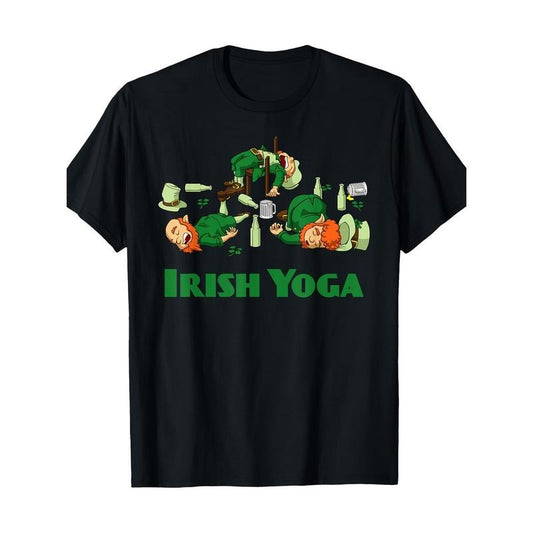 Men's St. Patrick's Day Leprechaun-Themed T-Shirt - 100% Cotton, Casual Fit with "Irish Yoga" Print, Short Sleeve, Round Neck - Perfect for Parties & Casual Wear, Geometric Print, Leisure Style, Conventional Version, Four Seasons Made in USA