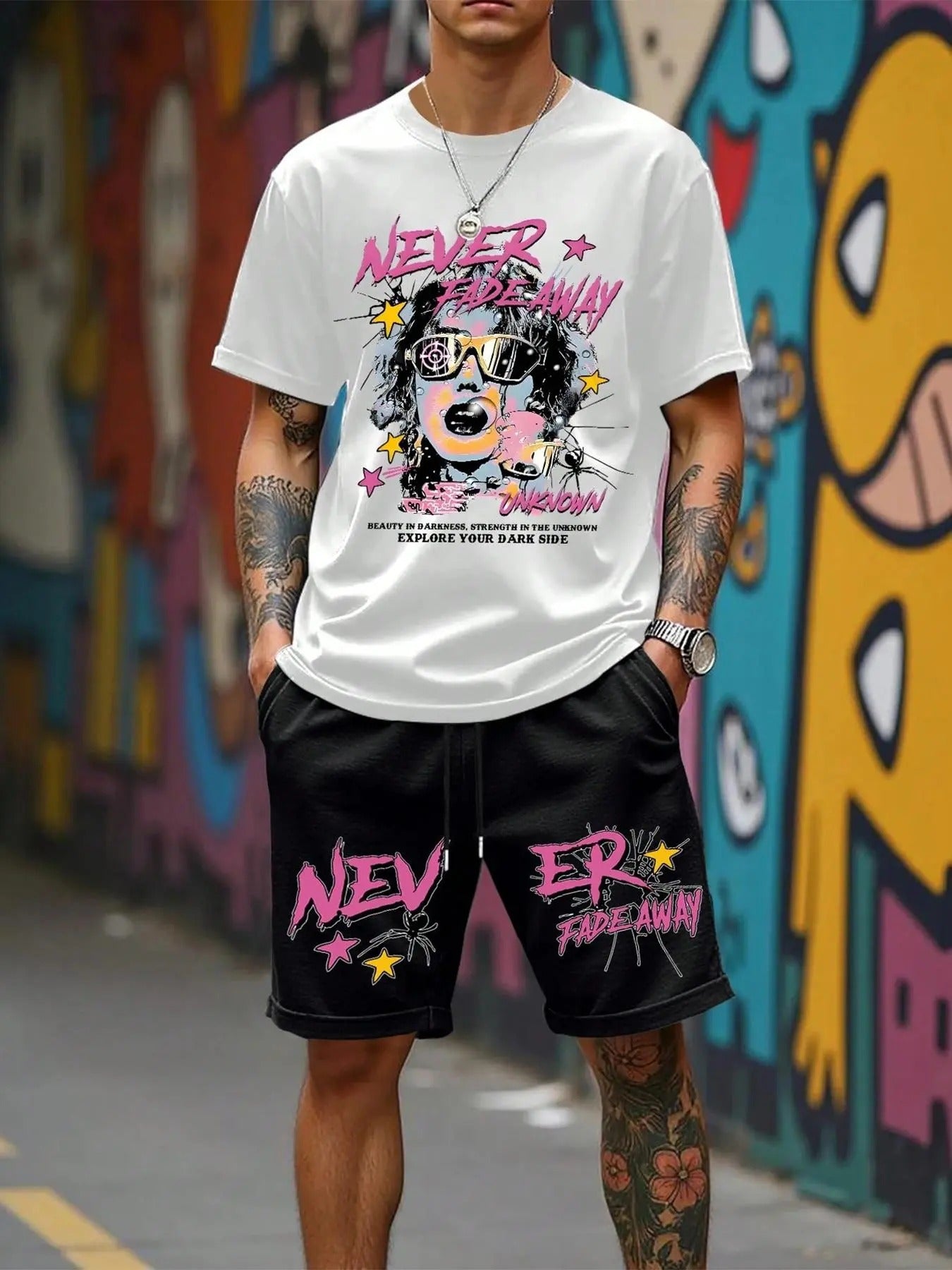 Men's Street Graffiti Graphic Print Crew Neck Tee & Drawstring Waits Shorts Two-Piece Set, Regular Fit Street Fashion...