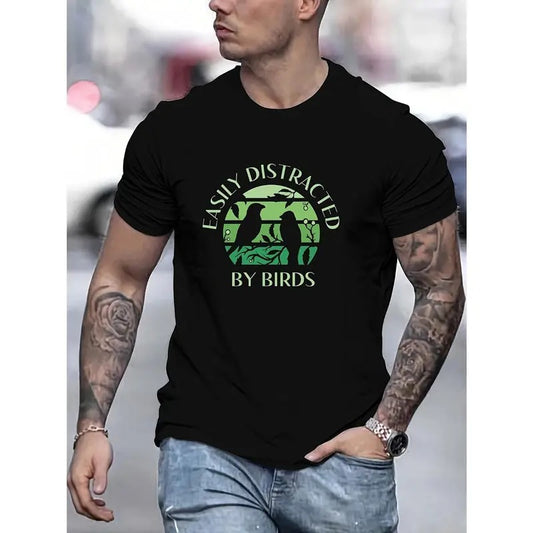 Men's Stylish Birds Pattern T-Shirt, Casual Breathable Crew Neck Short Sleeve Tee Top For City Walk Street Hanging Outdoor Activities Made in USA