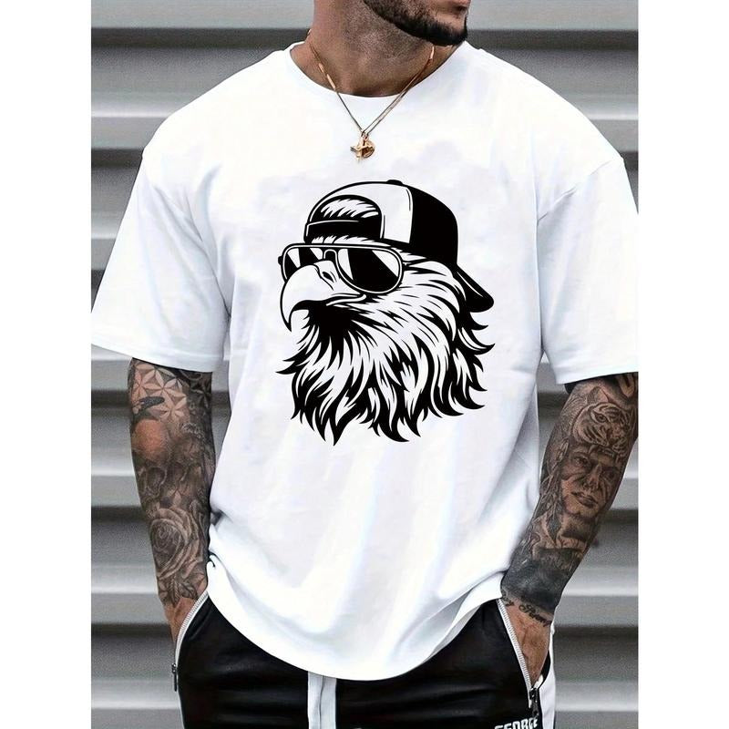 Men's Stylish Eagle Print T-Shirt - Casual Crew Neck, Short Sleeve, Cotton, Machine Washable - Perfect for All Seasons Made in USA