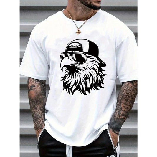 Men's Stylish Eagle Print T-Shirt - Casual Crew Neck, Short Sleeve, Cotton, Machine Washable - Perfect for All Seasons Made in USA