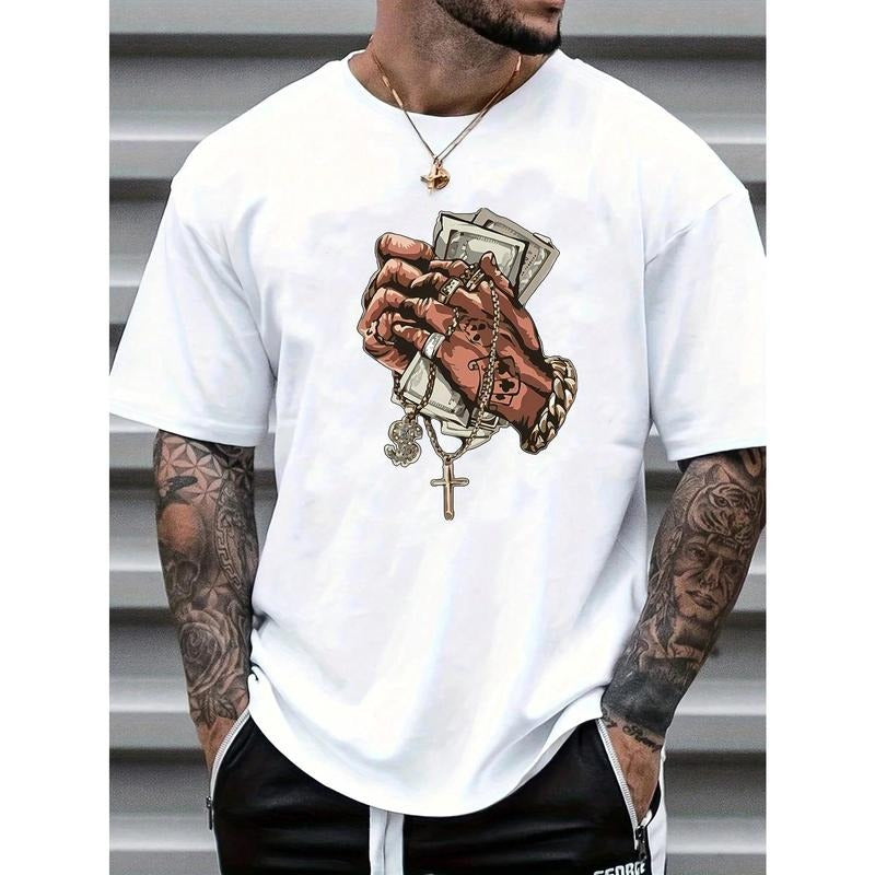 Men's Summer Casual Hand Gesture Cross Print Short Sleeve T-Shirt Made in USA Hoodie, Sweatshirt | DripVista.com
