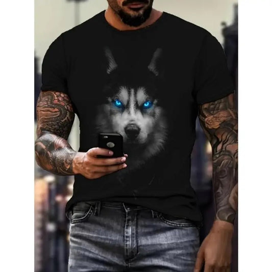 Men's Summer Fashion, 3D Digital Cool Husky Dog With Shining Eyes Pattern Crew Neck And Short Sleeve T-shirt, Novel Leisure Tops For Outdoors Wear Made in USA