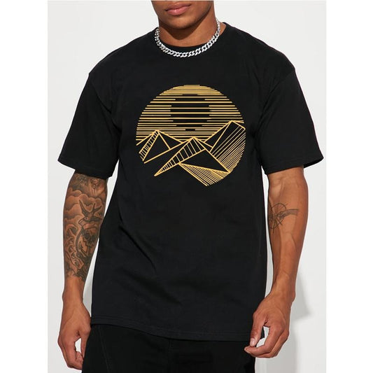 Men's Summer T-Shirt, Casual Short Sleeve Round Neck Top, Knitted Cotton, Regular Fit, Outdoor Sports Style, Unisex, Black with Mountain Sunset Print Made in USA