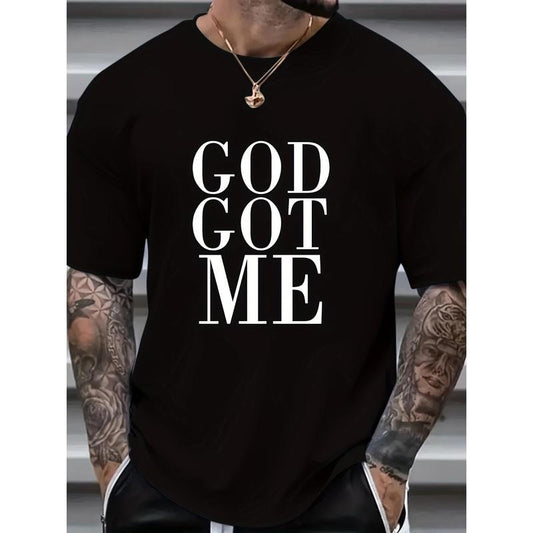 Men's T-shirt, "God Got Me" Graphic Print Short Sleeve Tees For Summer, Men's Clothing Made in USA