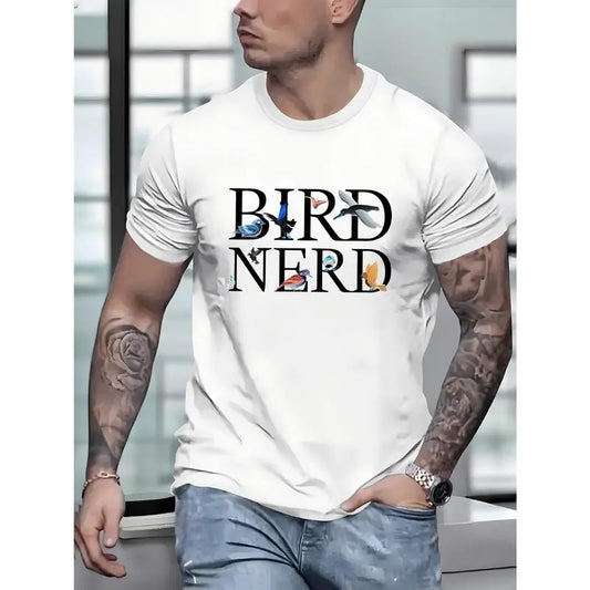 Men's T-shirt, Creative Bird Print Short Sleeve Crew Neck Tees For Summer, Casual Outdoor Comfy Clothing For Male Made in USA