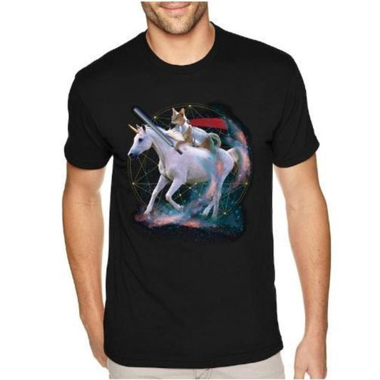 Men's Tee Unicorn Warrior Cat Space Galaxy Mythical Animal Rainbow Pet Horse Pony Magic UFO Mars Moon Alien Crewneck T-shirt Made in USA