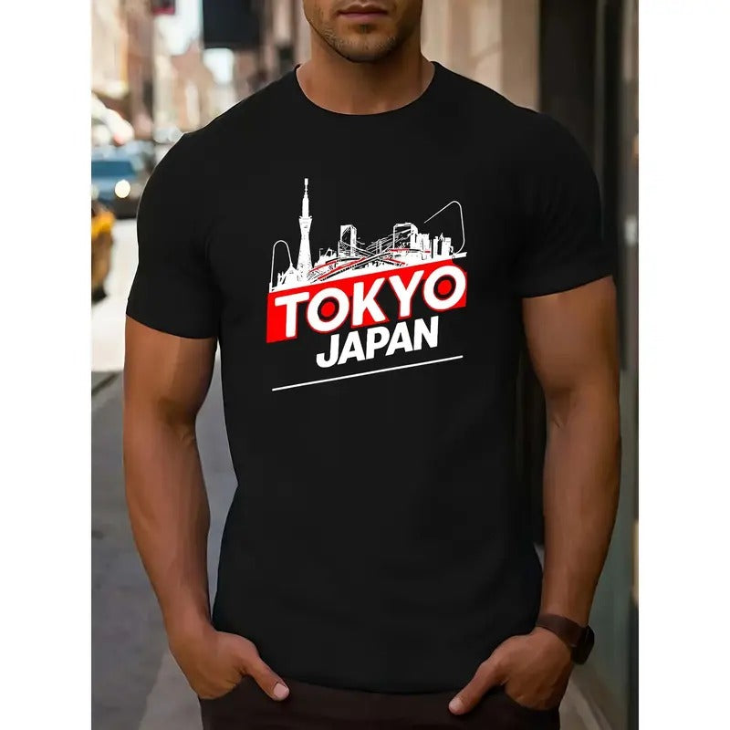 Men's Tokyo Japan Graphic T-Shirt Casual Crew Neck Short Sleeve Knit Top with Slight Stretch - Regular Fit Patterned Shirt MADE IN USA