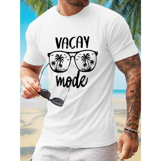 Men's Tropical Palm Glasses Print T-Shirt - Crew Neck, Short Sleeve, Knit Fabric with Slight Elastane Stretch, Regular Fit for Casual Weekend Wear - Sports Style, Summer Collection Made in USA