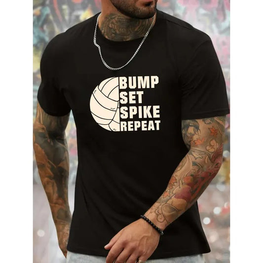 Men's Volleyball Graphic T-Shirt - 100% Polyester Casual Crew Neck Tee with Bump Set Spike Repeat Print - Slight Stretch Regular Fit Knit Fabric Tops for Summer Made in USA