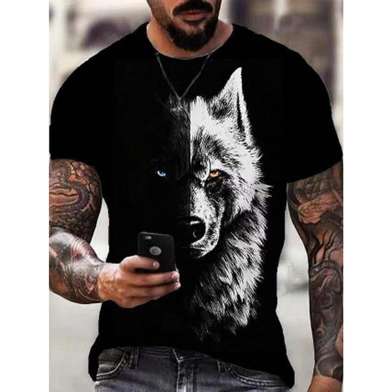 Men's Wolf Print Round Neck Short Sleeve T-Shirt Made in USA Hoodie, Sweatshirt | DripVista.com