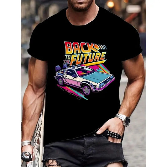 Men's crew neck short sleeve T-shirt with "BACK FUTURE" and vintage car graphic print, casual summer T-shirt for everyday wear and holiday destinations Menswear Top Embroidered Tshirt
