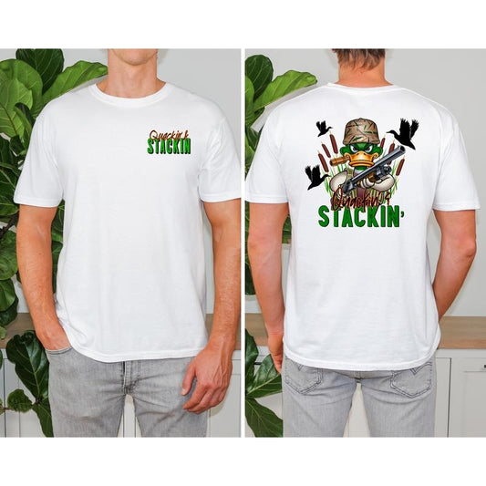 Mens "Quackin & Stackin" duck hunter T-Shirt. Fabric Menswear