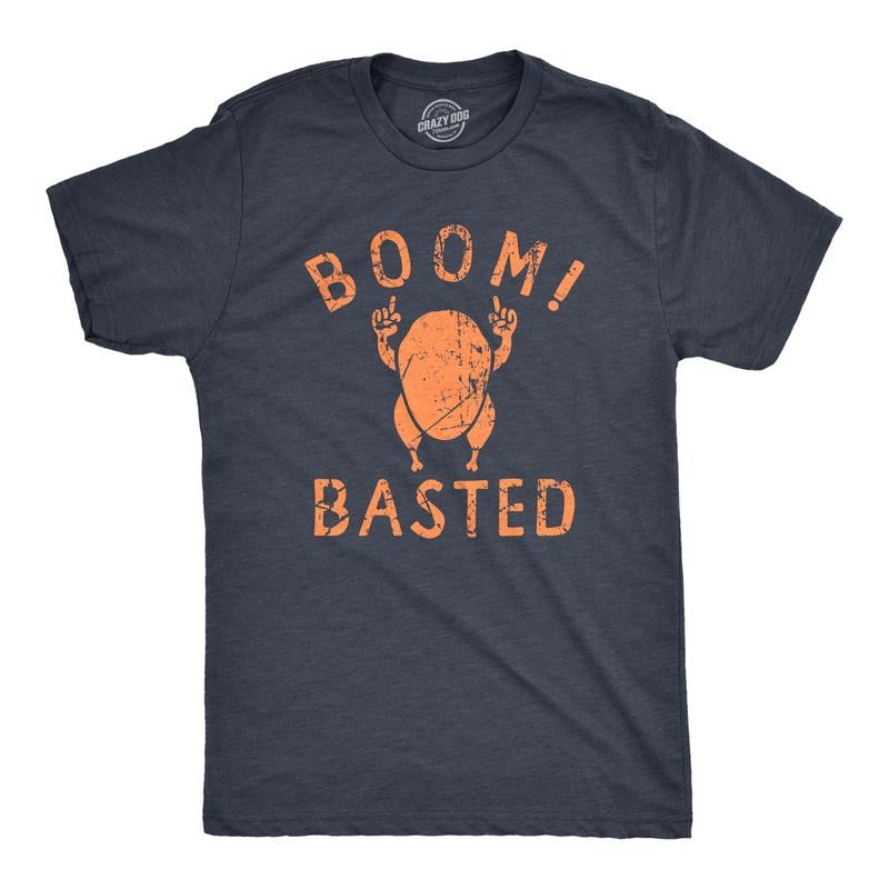 Mens Boom Basted T Shirt Funny Thanksgiving Roasted Turkey Dinner Tee For Guys Mens Funny T Shirts Cool Tees Soft Stylish Casual Menswear Thanksgiving Apparel for Men Funny Food Short Sleeve Novelty Navy -