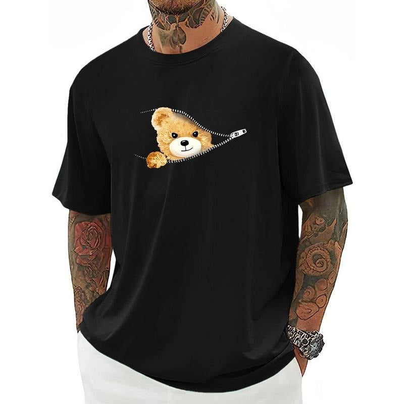 Mens Cartoon Bear Zipper T-Shirt - Stylish Crew Neck, Short Sleeves, Athletic Fit - Ultra-Comfortable, Breathable for Summer & Spring - Eye-Catching Zipper Design, Versatile Wear - Adorable Gift Option Made in USA