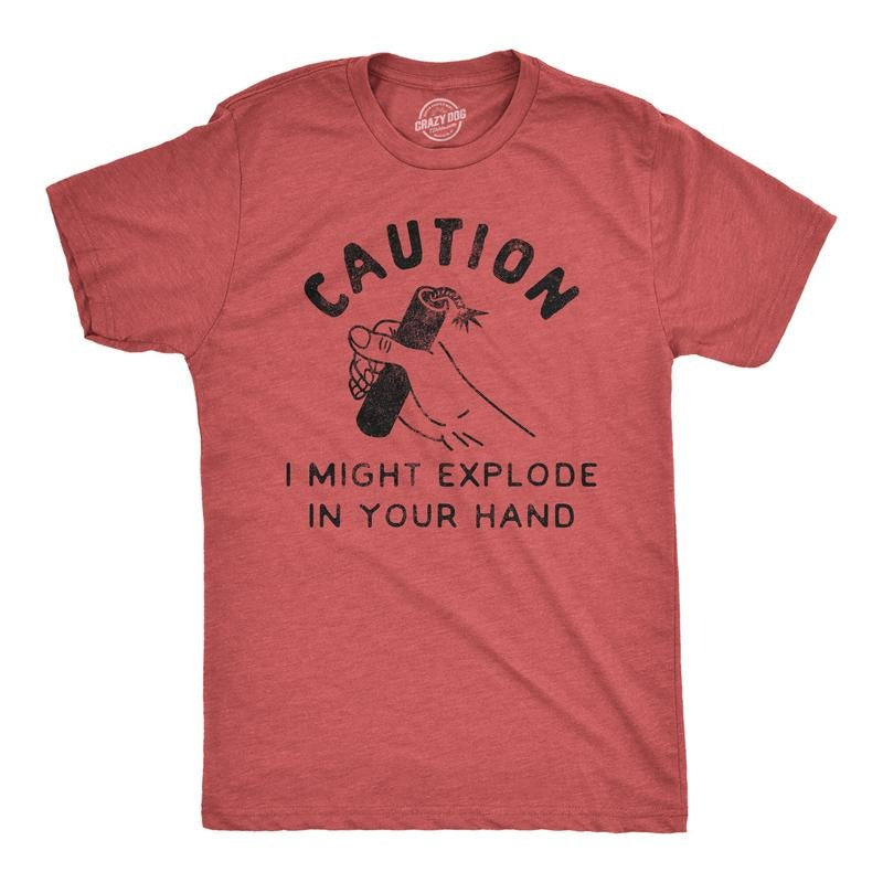 Mens Caution I Might Explode In Your Hand T Shirt Funny 4th Of July Firework Graphic Novelty Tee Mens Funny T Shirts Cool...