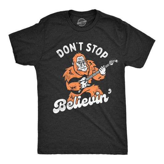 Mens Dont Stop Believin T Shirt Funny Bigfoot Sasquatch Rock Song Parody Tee For Guys Mens Funny T Shirts Cool Tees Soft Stylish Casual Menswear Music T Shirt for Men Funny Sarcastic T Shirt Novelty Black -
