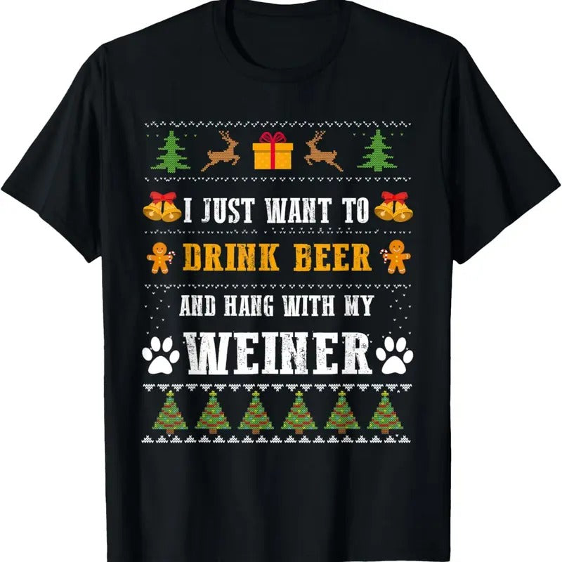 Mens Drink Beer Funny Weiner Dachshund Dog Ugly Christmas Sweater T-Shirt
