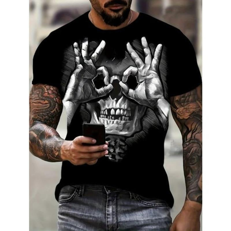 Mens Fashion Skull Print Tee Shirt - Casual Streetwear with Stretch Comfort - Unique Round Neck Design for Summer Style Made in USA