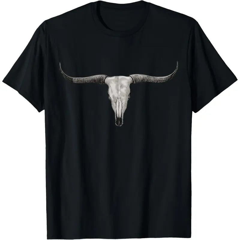 Mens Fashionable Crew Neck T-Shirt -Comfortable Fit, Slight Stretch, PatternedPrint Western Longhorn Skull Tee - Rustic...