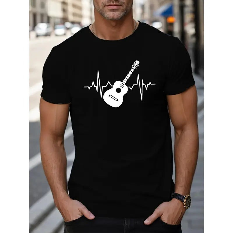 Mens Fashionable Guitar Cardiogram T-shirt - Stretchy, Breathable, Short Sleeve - Perfect Fit, Quick-Drying Tee for Stylish Summer Wear Made in USA