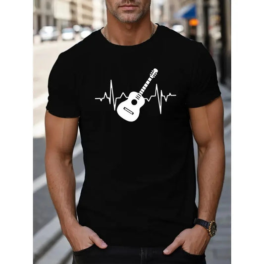 Mens Fashionable Guitar Cardiogram T-shirt - Stretchy, Breathable, Short Sleeve - Perfect Fit, Quick-Drying Tee for Stylish Summer Wear Made in USA