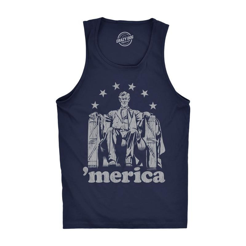 Mens Fitness Tank Abe Lincoln 'Merica Tanktop Funny 4th of July USA Patriotic Graphic Novelty Shirt Funny Workout Shirt...