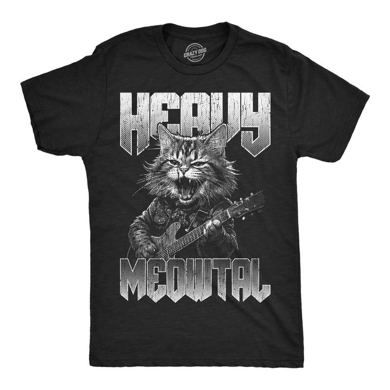 Mens Funny T Shirts Heavy Meowtal Sarcastic Kitten Graphic Novelty Metal Music Tee For Men Mens Funny T Shirts Cool Tees Soft Stylish Casual Menswear Music Apparel for Men Funny Cat Short Sleeve Black -