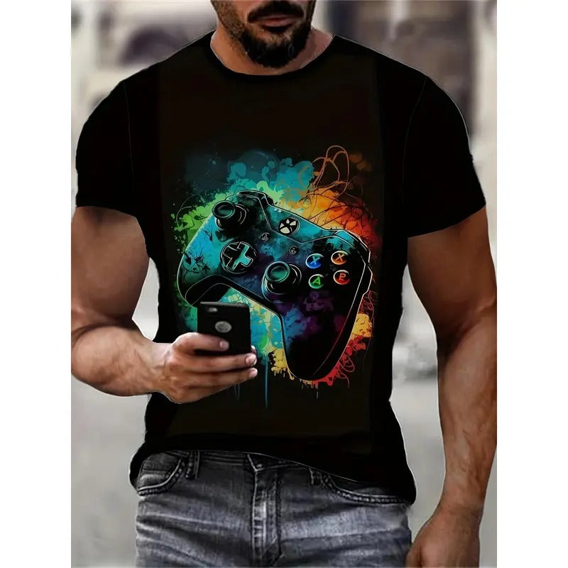Mens Gamepad Graphic Tee - Casual Short Sleeve Crew Neck Shirt