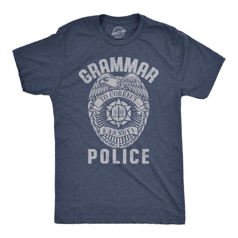 Mens Grammar Police T Shirt Funny Sarcastic English Tee Mens Funny T Shirts Cool Tees Soft Stylish Casual Menswear Funny Sarcastic Short Sleeve Novelty Tees for Guys Navy