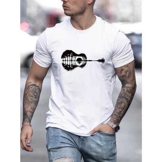 Mens Guitar Print Short Sleeve T-Shirt - Stylish Crew Neck, Ultra-Comfortable, Athletic Look - Breathable for Summer & Spring, Versatile Wear, Perfect Gift Idea Made in USA