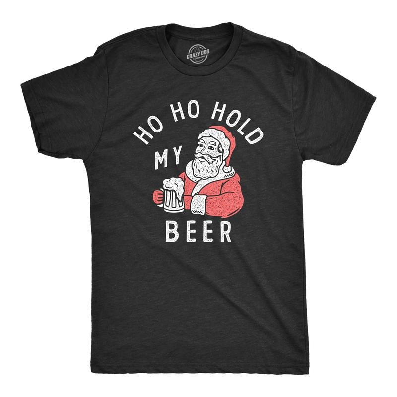 Mens Ho Ho Hold My Beer T Shirt Funny Xmas Drinking Party Santa Clause Tee For Guys Mens Funny T Shirts Cool Tees Soft Stylish Casual Menswear Christmas Apparel for Men Funny Beer Short Sleeve Novelty Black -