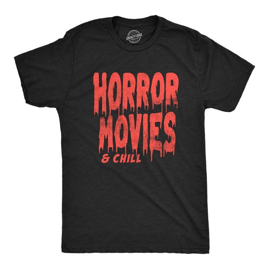 Mens Horror Movies and Chill T Shirt Funny Halloween Movie Date Night Joke Tee for Guys Mens Funny T Shirts Cool Vintage Fashion Black -