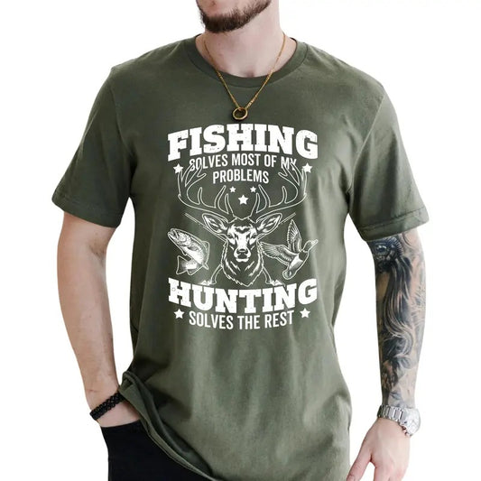 Mens Hunting Shirt, Fishing Solves My Problems, Duck Hunting Tshirt, Buck Hunting Tee, Fishing T-shirt, Deer Hunter Shirt, Marlard Hunt Tees, Gift for Dad, Husband Gifts Ideas, Short Sleeve Men's Tops, Casual Menswear, Comfy Cotton Fabric Graphic Shirt