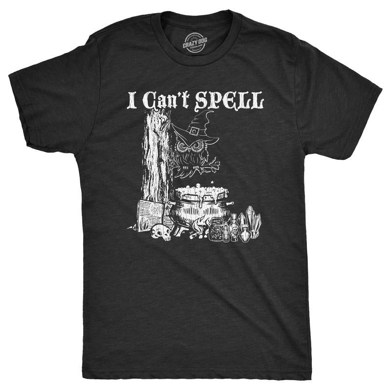 Mens I Cant Spell T Shirt Funny Halloween Witch Owl Spelling Joke Tee for Guys Mens Funny T Shirts Cool Vintage Fashion T-Shirt Gift Black -