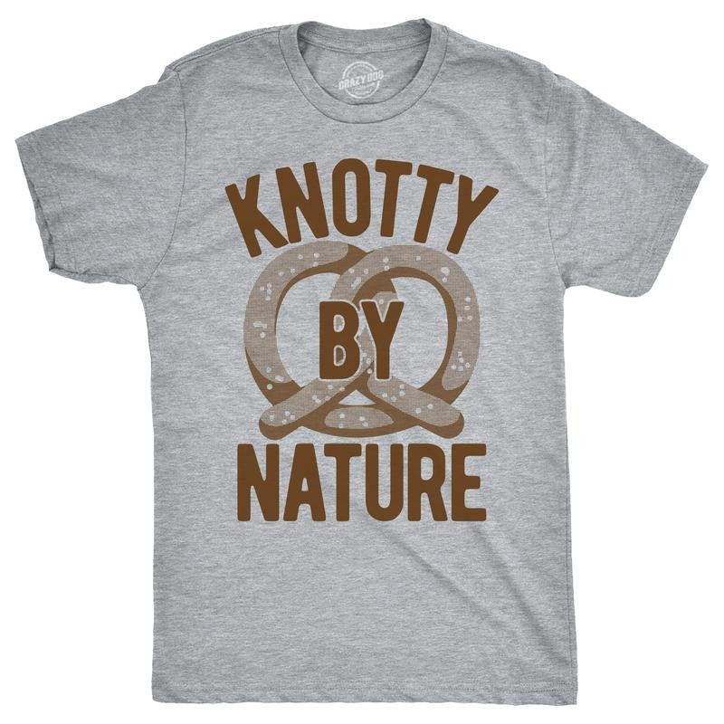 Mens Knotty By Nature T Shirt Funny Salted Soft Pretzel Joke Tee For Guys Mens Funny T Shirts Cool Tees Soft Stylish Casual Menswear Sarcastic Apparel for Men Funny Food Short Sleeve Novelty Tees for Light Grey