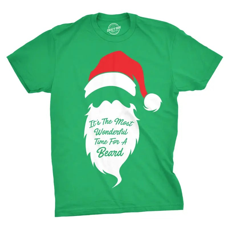 Mens Most Wonderful Time For A Beard T Shirt Funny Christmas Tee For Guys Holiday Party Mens Funny T Shirts Cool Tees Soft Stylish Casual Menswear Christmas Apparel for Men Novelty Tees for Guys Green