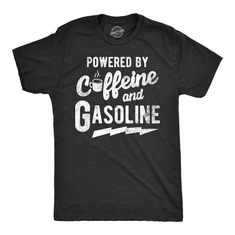 Mens Powered By Caffeine And Gasoline T Shirt Funny Coffee Mechanic Joke Tee For Guys Mens Funny T Shirts Cool Tees Soft...