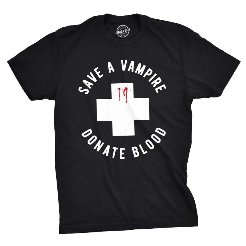 Mens Save A Vampire Donate Blood T Shirt Funny Sarcastic Halloween Night Tee For Guys Mens Funny T Shirts Cool Tees Soft Stylish Casual Menswear Halloween Apparel for Men Funny Sarcastic Short Sleeve Black