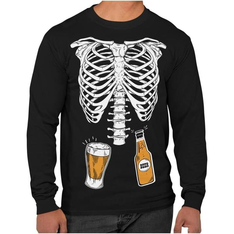 Mens Skeleton Beers in Belly Shirt Ribcage Xray Funny Halloween Costume Long Sleeve T-Shirt for Men  made in us Hoodie,...