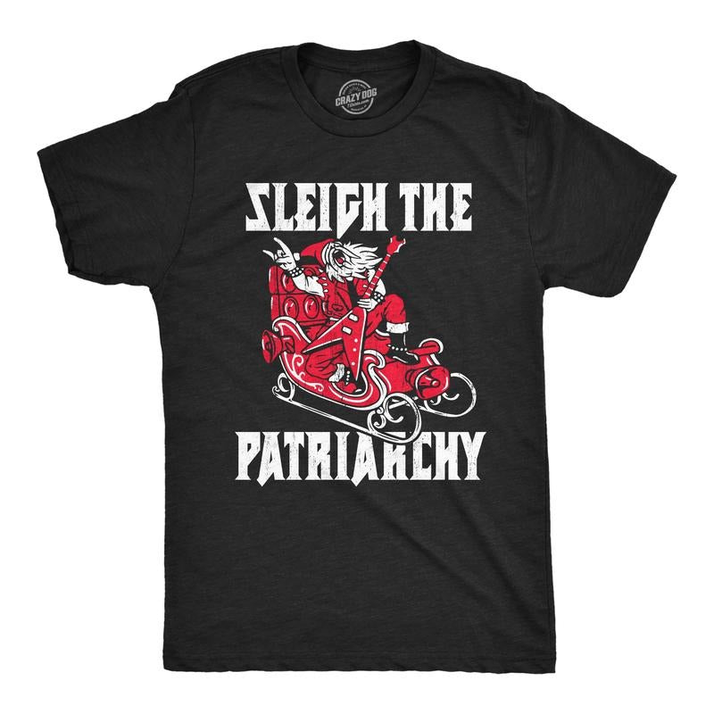 Mens Sleigh The Patriarchy T Shirt Funny Xmas Rebellious Santa Claus Music Joke Tee For Guys Mens Funny T Shirts Cool Tees Soft Stylish Casual Menswear Christmas Apparel for Men Funny Music Short Black -