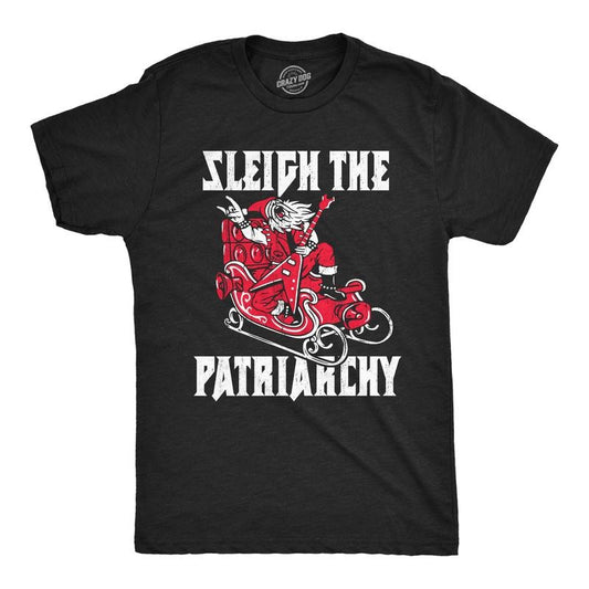 Mens Sleigh The Patriarchy T Shirt Funny Xmas Rebellious Santa Claus Music Joke Tee For Guys Mens Funny T Shirts Cool Tees Soft Stylish Casual Menswear Christmas Apparel for Men Funny Music Short Black -