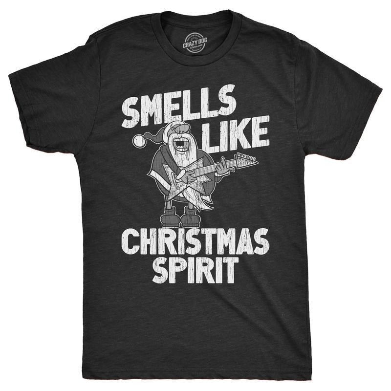 Mens Smells Like Christmas Spirit T Shirt Funny Xmas Music Parody Rock Song Tee For Guys Mens Funny T Shirts Cool Tees Soft Stylish Casual Menswear Christmas Apparel for Men Funny Music Short Sleeve Black -