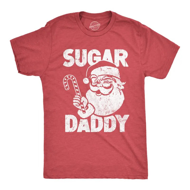 Mens Sugar Daddy T Shirt Funny Xmas Santa Claus Candy Cane Joke Tee for Guys Mens Funny T Shirts Cool Vintage Fashion T-Shirt Gift Red -
